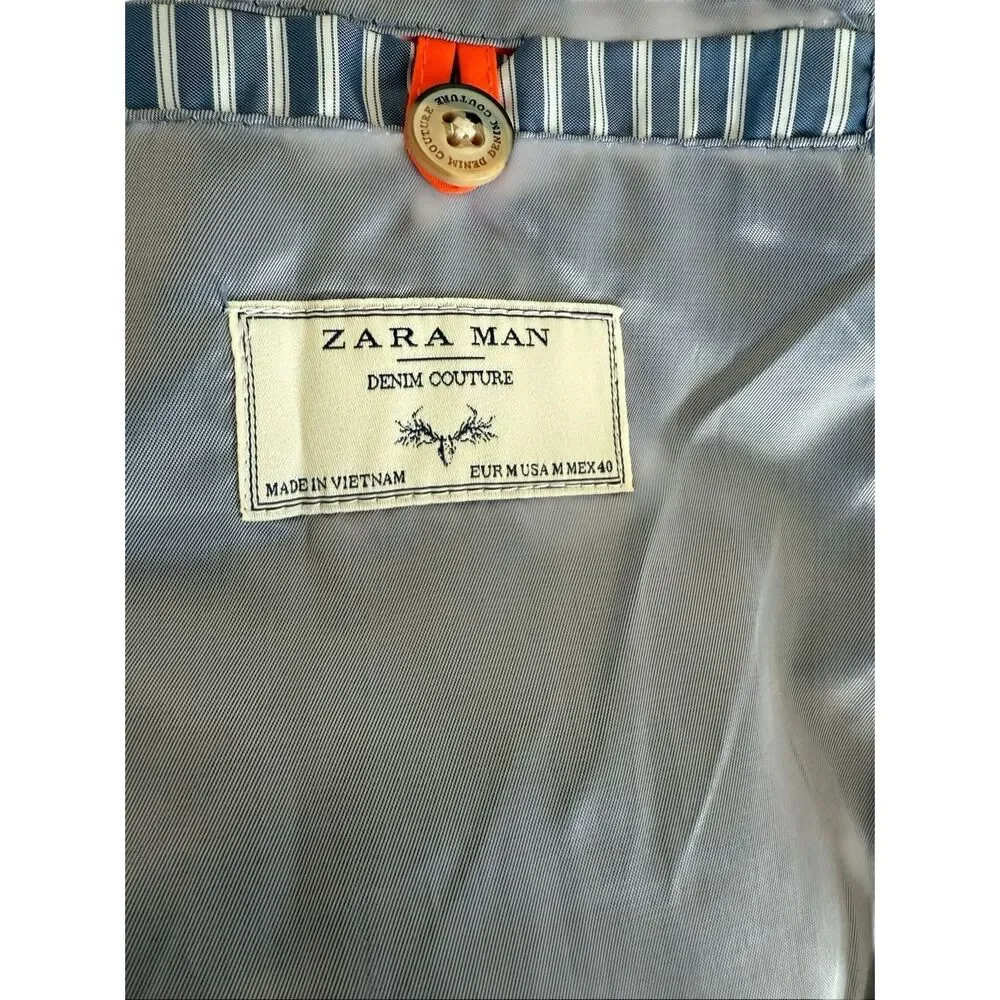 Zara Mens Denim Couture Full Zip Bomber Jacket Orange Medium